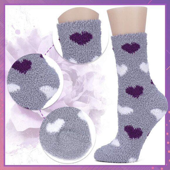 Plush Slipper Socks Women Colorful Warm Fuzzy Crew Socks Cozy Soft Purple Black - Picture 6 of 7